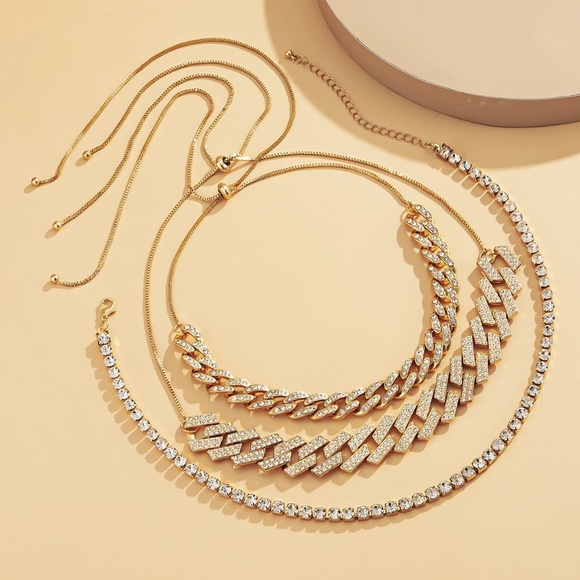 Triple Diamond Layered Necklace Set, Cuban Link Necklace, Tennis Necklace - Picture 5 of 9